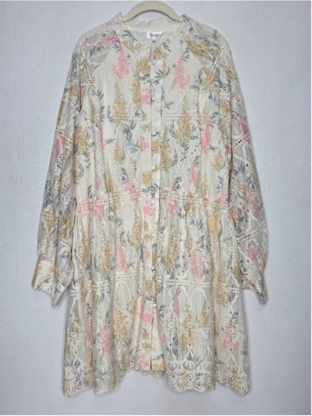 LOVELO Floral Lace Eyelet Dress Women's Size 2XL Long Sleeve Cream Button NWT - Picture 2 of 14